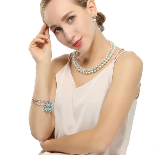S SUSANN Costume Layered Twisted Gold Pearl Necklace Choker Chunky Glass Statement Pearl Necklace and Earring set, good gift for women Faux pearl necklace set - style: silver star rhinestones pearl