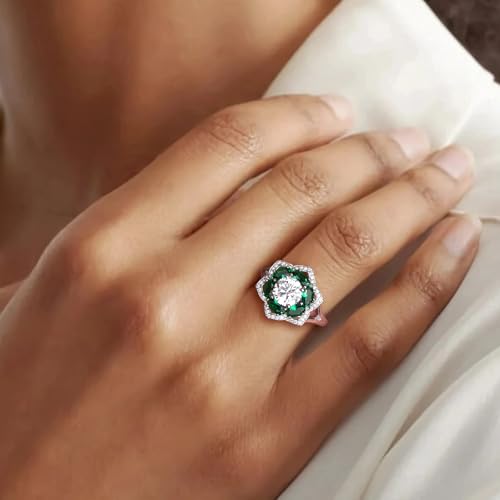 Flower Cocktail Ring for Women Stone Engagement Anniversary Rings | Sterling Silve|Hypoallergenic|Ruby|Sapphire|Emerald|Wedding and Birthday Party Women Statement Ring|Mother and Grandma Gift - color: Emerald (May)