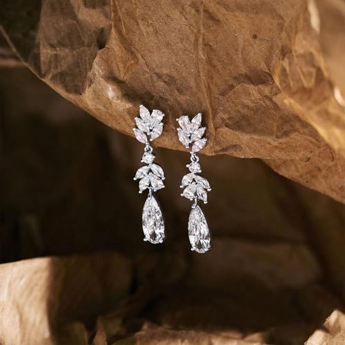 Dangle Drop Gold Earrings Women Prom with CZ Wedding Jewelry Gift | Dangling for Bridal, Sparkly Diamond , Gifts for Women, Dainty, Trendy, Butterfly Back - color: Silver-Leaf Drop