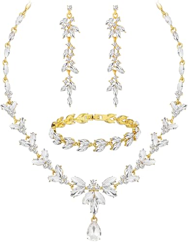 Paxuan Wedding Jewelry Sets for Bride Bridesmaid Bridal Jewelry Set for Women Wedding Crystal Necklace Earrings Bracelet Set for Party Prom Jewelry - color: White - 14K Gold