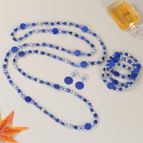 Trendy Infinity Wrap 60’’ Long Statement Necklace, Earrings and Bracelet Set - Hand Knotted Versatile Crystal and Shell Beads Strand Necklace and Chunky Beaded Stretch Bracelet Stack – Jewelry Set Gift for Women - color: Navy Blue