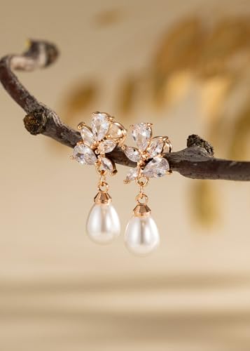 Pearl Earrings - 14K Gold/White Gold/Rose Gold Plated Cubic Zirconia CZ Diaomond Accented Pearl Drop Dangle Earrings for Women Wedding Bridal Prom - color: Rose gold Leaf drop
