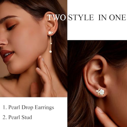 Pearl Earrings for Women 14k Gold/Silver Pearl Drop Earrings Long White Pearl Tassel Dangle Statement Earrings Bridal Wedding Dainty Prom Earrings Birthday Gifts Jewelry - color: Gold CZ Flower Pearl Drop Earrings