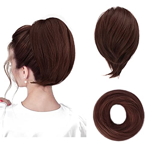 BARSDAR Chestnut Hair Bun Extensions - Synthetic Fully Short Straight Ponytail Hair Bun Extensions for Women - Elastic Messy Hair Bun Scrunchies Hairpieces Daily - Dark Reddish Chestnut - color: Dark Reddish Chestnut, size: 1 Count - Elastic