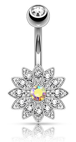 Forbidden Body Jewelry Surgical Steel Crystal Paved Petite Flower Belly Ring with Crystal Center - color: Silver Tone/Aurora Borealis