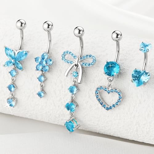 BSJ4U Belly Button Ring Dangle Navel Belly Piercing Jewelry Cute Pink CZ Heart Butterfly Bow Flower Navel Belly Rings for Women 14G Silver Stainless Steel Dainty Dangly Dangling Belly Button Piercing - color: Blue CZ Belly Button Rings