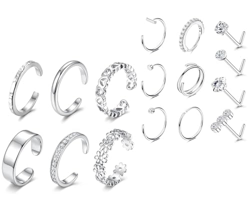 Besteel 10PCS Silver Plated Nose Ring Studs - 6PCS Toe Rings for Women Non Tarnish Hypoallergenic Trendy Summer Beach Jewelry for Women