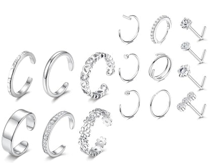 Besteel 10PCS Silver Plated Nose Ring Studs - 6PCS Toe Rings for Women Non Tarnish Hypoallergenic Trendy Summer Beach Jewelry for Women