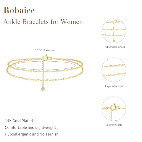Robaice Ankle Bracelets for Women, 14K Gold Plated/Silver Layered Anklets | Waterproof Adjustable Anklet for Women, Summer Beach Anklet, Glitter Jewelry for Women Gifts - color: Gold-2