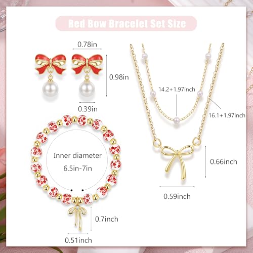 Bow Bracelet Necklace Earring Set for Women 14K Gold Plated Dainty Bow Necklace Flower Trendy Beaded Charm Bracelet Cute Pearl Drop Dangle Earrings Love Romantic Jewelry Gifts - color: red