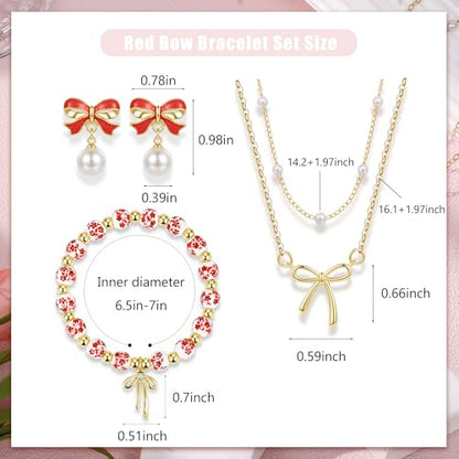 Bow Bracelet Necklace Earring Set for Women 14K Gold Plated Dainty Bow Necklace Flower Trendy Beaded Charm Bracelet Cute Pearl Drop Dangle Earrings Love Romantic Jewelry Gifts - color: red