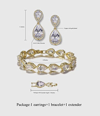 Bride Teardrop Earrings & Bracelet Wedding Jewelry Set, Cubic Zirconia Bridal Bridesmaid Party Formal Prom Gift - color: Gold