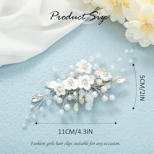 Flower Wedding Hair Clip Silver Pearl Bridal Hair Barrettes Rhinestones Hair Piece for Women and Brides