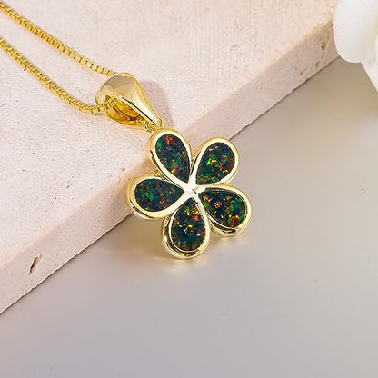 CiNily Opal Leaf/Flower Pendant Necklace for Women Silver Plated Jewelry Gift - color: Flower-Black