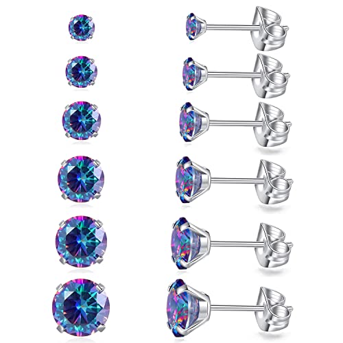 6 Pairs Stud Earrings Set, Hypoallergenic Cubic Zirconia Earrings 316L Stainless Steel CZ Earrings 3-8mm - color: A-Rainbow CZ