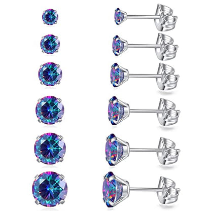 6 Pairs Stud Earrings Set, Hypoallergenic Cubic Zirconia Earrings 316L Stainless Steel CZ Earrings 3-8mm - color: A-Rainbow CZ