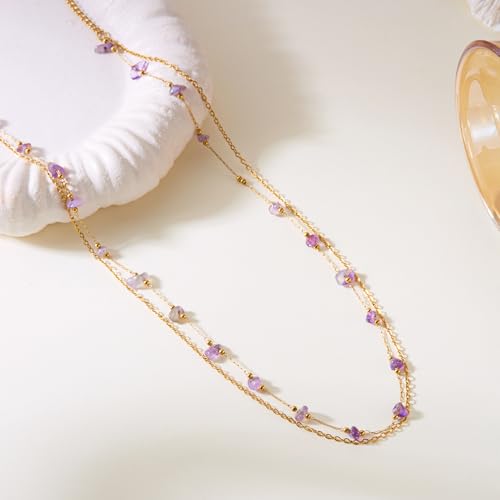 Harlermoon Natural Stone Layered Necklace for Women - 18K Gold Plated Stainless Steel Dainty Beaded Choker, Waterproof Tarnish Resistant Boho Summer Beach Jewelry Gift Box - color: Purple