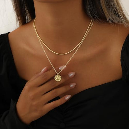 Layered Necklaces for Women 14K Gold Plated Stack Circle Pendant Trendy Long Chain Stackable Handmade Coin Necklace Set Dainty Gold Stacked Jewelry Gifts - color: Gold-2