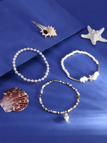 Gold Shell Ankle Bracelets for Women Adjustable Boho Beach Jewelry Set With Starfish Conch Pearl Bead Summer Vacation Foot Accessories Gifts for Travel - color: Gold-A