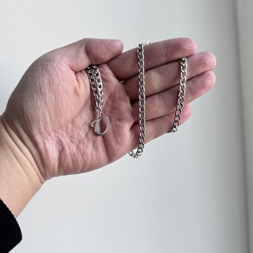 Stainless Steel Initial A-Z Necklace for Men Women,Cuban Chain,Titanium Steel Initial Letter Pendant Charm Necklaces Accessories Jewelry for Woman Man,21 Inch Chain - color: U
