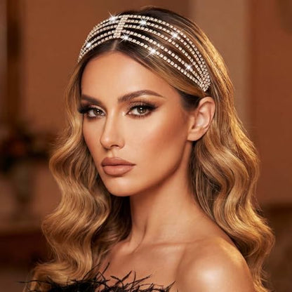 BARTOSI Rhinestone Head Chain Gold Bridal Headpiece Accessories for Women | Forehead Wedding Headband Elastic Crystal Hair Band Sparkly Prom Hair Jewelry - color: B-Gold