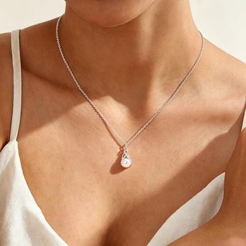 Freshwater Pearl Necklace for Women | 14K Gold Plated Infinity Pendant Fine Jewelry | Dainty Everyday Layering Chain with Lobster Clasp - color: Silver Moissanite