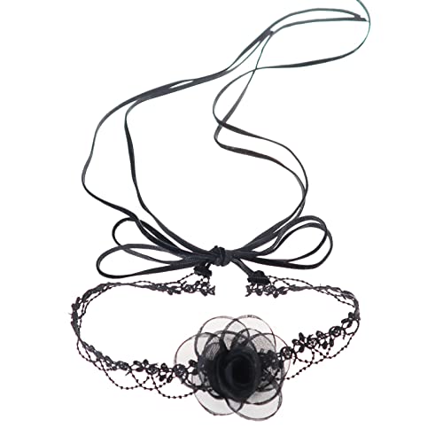 Black Choker Camellia Flower Lace-up Necklace For Women - color: BLACK2