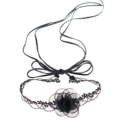 Black Choker Camellia Flower Lace-up Necklace For Women - color: BLACK2