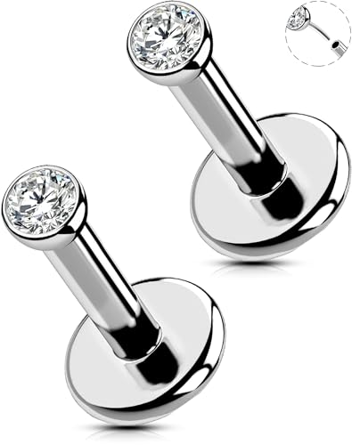OUFER 2Pcs 20G/18G/16G G23 Titanium Threadless Nose Stud Earrings Flat Back Tiny CZ Small Nose Helix Cartilage Tragus Conch Labret Medusa Monroe Piercing Jewelry for Women Men - color: Silver, size: 2pcs, 16g 5.5mm, 2mm cz