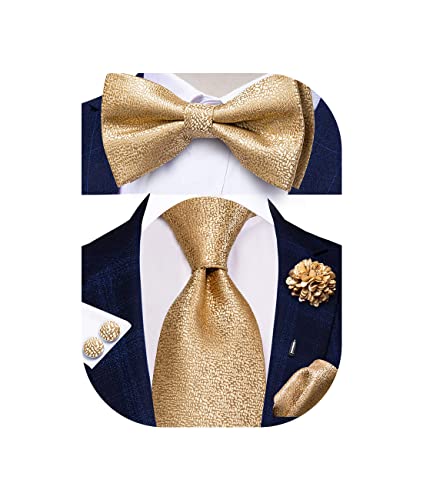 Hi-Tie 5Pcs Mens Solid Color Silk Tie Satin Pretied Bowtie Lapel Pin for Men Handkerchief Cufflink Wedding Gift Box - color: A Gold