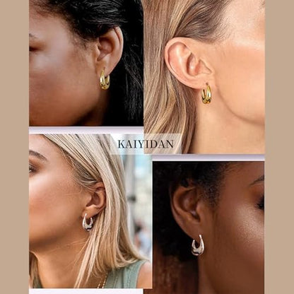 2 Pairs Gold/Silver Hoop Earrings For Women Set Trendy,14K Plated Gold Chunky Huggie Hoop Earings Pack,Oval Twisted Statement Silver Hoops,Fashion Jewelry Gift - color: 17) small chunky oval hoops