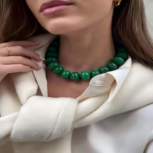 Chunky Beaded Statement Necklace for Women, Colorful Rondelle Bead, Bohemian Style, Adjustable Length, Summer Beach Accessory - color: emerald green