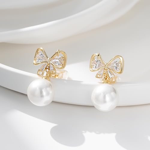 YOQUCOL Golden Bow Clip On Stub,Danle Drop Earrings for Women Simulated Pearl Christmas Xmas Bowknot Non Pierced Earrings - color: Dangle Clip-01