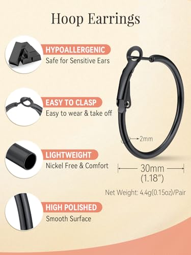 FaithHeart Silver/Black/Gold Stainless Steel Thin Hoop Earrings for Women | 2mm Wide Thin Large Hoop Earrings, Hypoallergenic Lightweight Trendy Jewelry, 20/30/40/50/60/70/80/90/100mm - color: Black, size: 30mm/1.18"