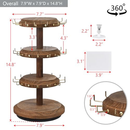MOOCA 3-Tier Rotating Bracelet Display Stand with 42 Hooks, Jewelry Holder | 3-tier rotating wooden display with 42 hooks keeps bracelets, bangles, watches, and accessories organized and visible. - color: Brown, Round Shape