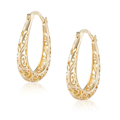 Silver Post Filigree Hoop Earrings for Women Hollow Oval Hoop Earrings | Hypoallergenic U Shaped Hoops Earring for Jewelry - color: A-14K Gold