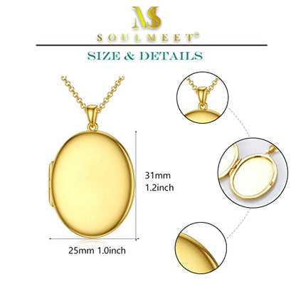 SOULMEET 10K 14K 18K Solid White Gold/Silver Minimalist Style/Infinity Sunflower Heart/Oval Locket Necklace That Holds 1 or 2 Pictures Personalized Photo Locket Necklace Letters Engraving - style: E1-Gold oval locket only