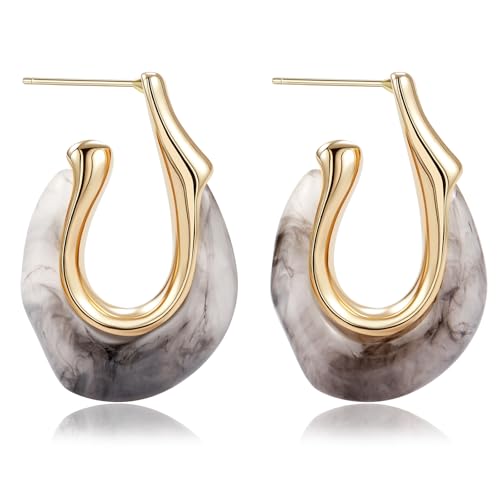 Resin Gold Hoop Earrings Chunky Statement Acrylic Huggie Dangle Fun Jewelry | Colorful Summer Hypoallergenic Drop U Hoops Boho Cute Western Vintage Unique Funky Beach Vacation Outfits for Women Trendy - color: Black, size: Hoop