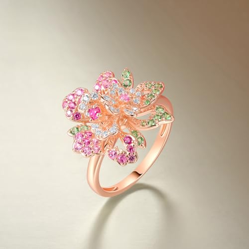 Santuzza Sterling Silver Gemstone Flower Ring for Women - color: [A]Double Peony-Pink