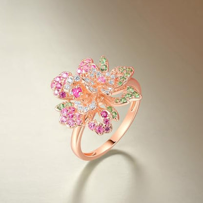 Santuzza Sterling Silver Gemstone Flower Ring for Women - color: [A]Double Peony-Pink