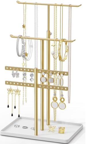 susswiff Jewelry Holder Organizer Stand - Adjustable Jewelry Tree 17.5" Height (Max), Jewlery Hanger for Necklaces, Bracelets, Earrings, Aesthetic for Storage and Display, Metal, Gold and White - color: Gold