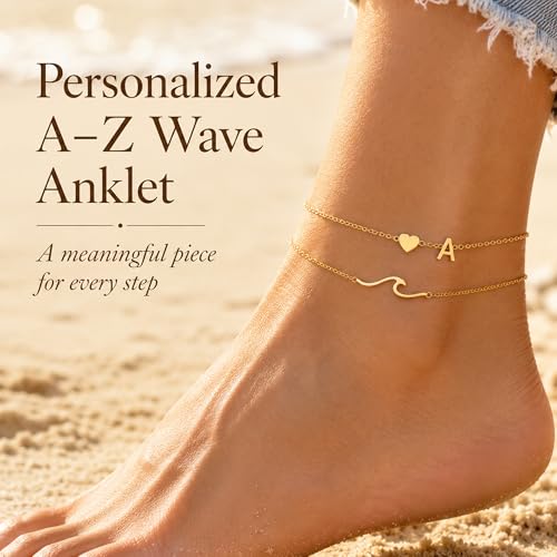 Initial Anklet Bracelets for Women, Waterproof Gold Plated Layered Ankles with Heart & Wave Charm, Non Tarnish Hypoallergenic Adjustable Summer Beach Pool Party Jewelry - style: Initial E