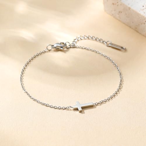 18K Gold Plated Pearl Beaded Cross Bracelets for Women Adjustable Stainless Steel Dainty Thin Gold Box Cuban Twisted Link Chain Bracelet Bridesmaid Jewelry Gifts - color: Tiny Cross-White Gold