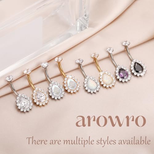 AROWRO Gold Belly Button Ring G23 Titanium Hypoallergenic 14G belly ring for Women Men Teardrop Navel Piercing Jewelry 10mm Barbell With Cubic Zircon - color: Sliver+Purple CZ