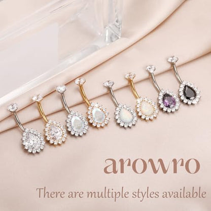 AROWRO Gold Belly Button Ring G23 Titanium Hypoallergenic 14G belly ring for Women Men Teardrop Navel Piercing Jewelry 10mm Barbell With Cubic Zircon - color: Sliver+Purple CZ