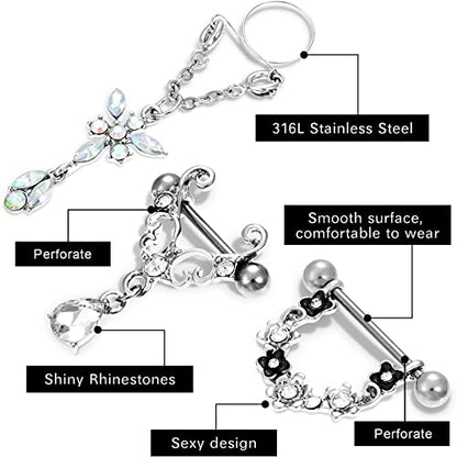 Hicarer 12 Pieces Fake Breast Ring Stainless Steel Dangle Include 8pcs Non-Piercing Breast Rings and 4pcs Faux Piercing Breast Rings for Women Piercing Jewelry