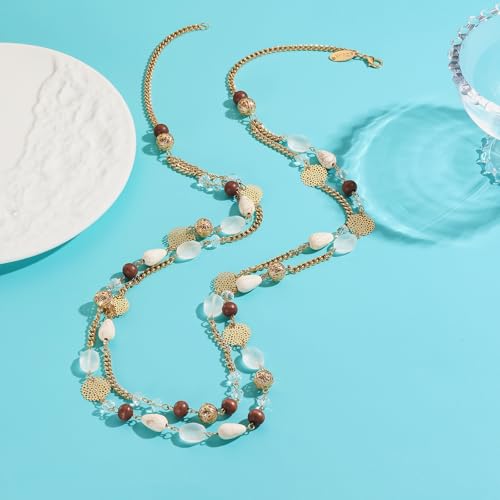Bocar Long Necklaces for Women Trendy, Boho Layered Crystal Beaded Collar Necklaces for Women, Fashion Statement Necklaces Jewelry - color: White-G