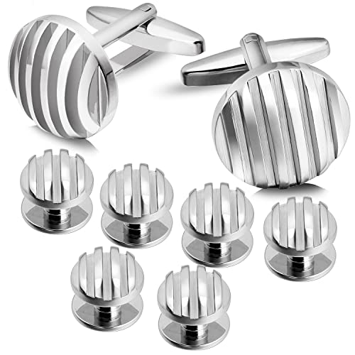 HAWSON Cufflinks and Studs for Men-Fashion Men Vintage Enamel Carbon Fiber Tuxedo Shirt Cufflinks and Studs Set for Regular Wedding Business Accessories - color: Silver Circle cufflinks set