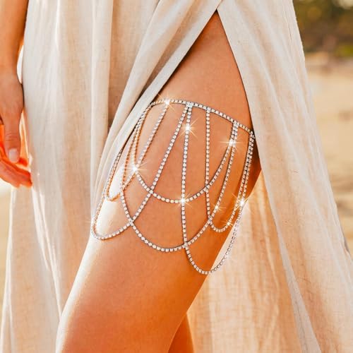REETAN Thigh Garter Belt Rhinestone Leg Chain for Women - style: Style B-Silver