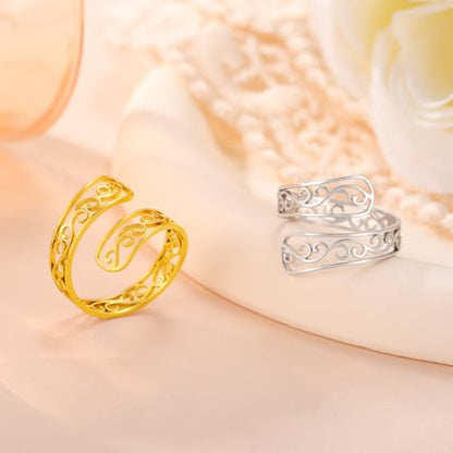 TEAMER Adjustable Filigree Flower Ring Stainless Steel Filigree Flower Ring Bohemian Jewelry Band Open Ring For Women - color: Silver